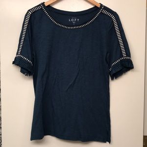 LOFT Teal Cotton Shirt with Tassel Sleeves